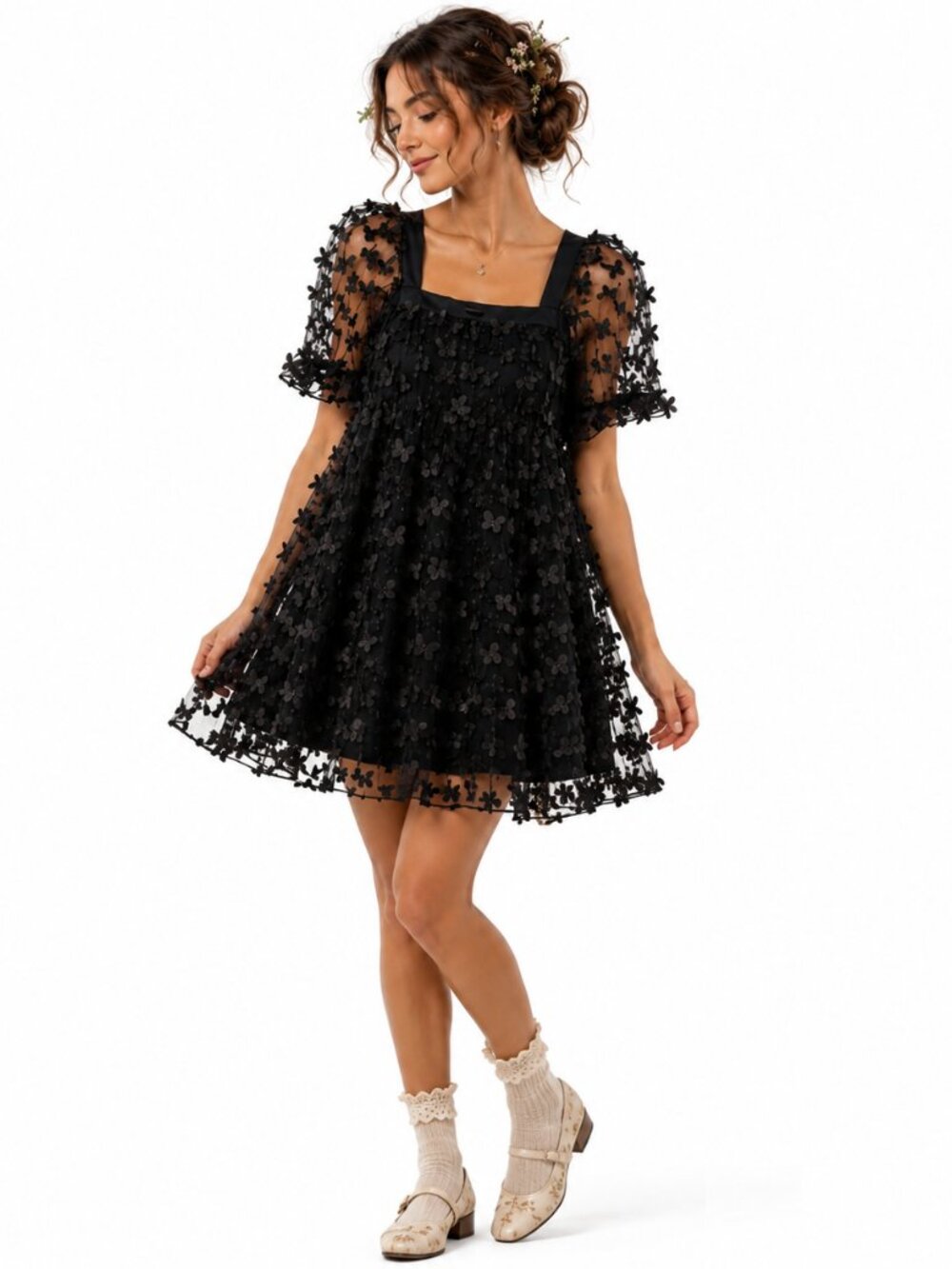 Entro 3D Butterfly Mini Women S Black Puff Sleeve Babydoll Fairycore Cottagecore